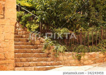 Stone Steps with Iron Railing and Greenery Stone Steps with Iron Railing and Greenery 142243459