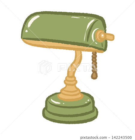 Cute vintage green bankers desk lamp with warm golden stand and pull chain cozy cottagecore library reading room illustration Cute vintage green bankers desk lamp with warm golden stand and pull chain cozy cottagecore library reading room illustration 142243500