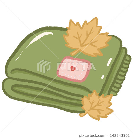 Cozy folded olive green blanket decorated with golden autumn maple leaves and a tiny pink heart patch warm fall cottagecore illustration Cozy folded olive green blanket decorated with golden autumn maple leaves and a tiny pink heart patch warm fall cottagecore illustration 142243501