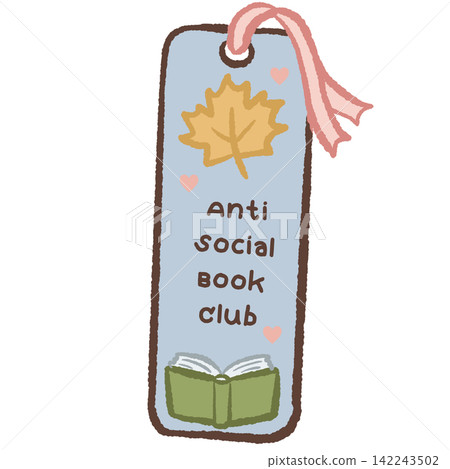 Cute blue autumn bookmark with golden maple leaf pink ribbon hearts open book and Anti Social Book Club quote cozy bookish illustration 142243502