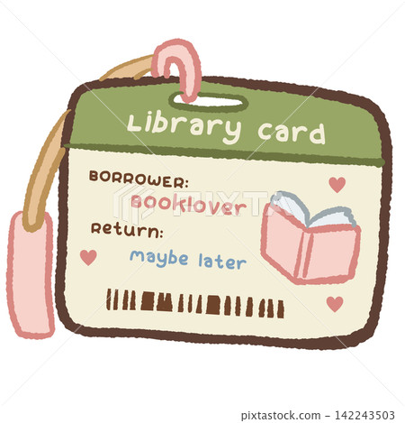 Cute vintage library card tag with Booklover borrower and Maybe Later return date quote pink hearts open book and barcode cozy bookish illustration Cute vintage library card tag with Booklover borrower and Maybe Later return date quote pink hearts open book and barcode cozy bookish illustration 142243503
