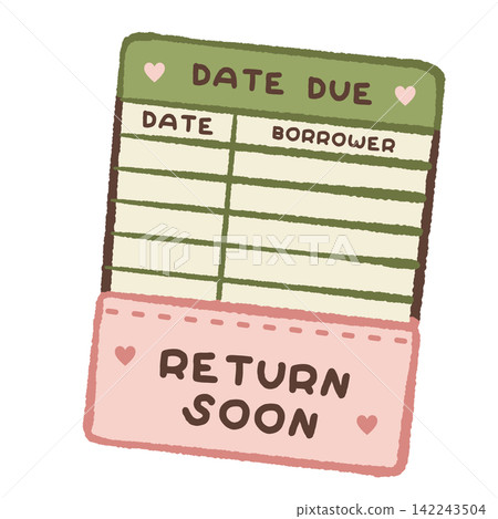Cute retro library due date card with green and pink design hearts borrower table and Return Soon quote cozy book lover illustration Cute retro library due date card with green and pink design hearts borrower table and Return Soon quote cozy book lover illustration 142243504