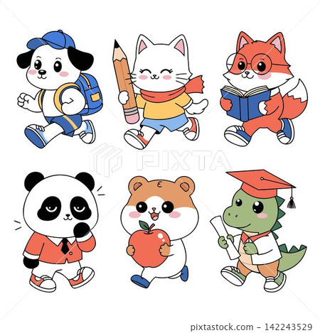 This is a set of vector stickers with cute cartoon animals, designed in a back to school theme This is a set of vector stickers with cute cartoon animals, designed in a back to school theme 142243529