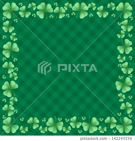 Happy Saint Patrick's day card with frame shamrock clover on green gingham background. Irich holiday greeting card 142243559
