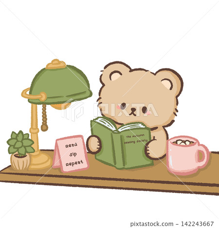 Cute book lover bear reading The Autumn Reading Society at a cozy desk with vintage green lamp plant and pink hot cocoa mug fall illustration 142243667