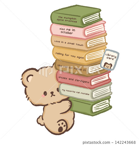 Cute bookish bear carrying a huge stack of autumn romance books with cozy fall titles and library card whimsical reading illustration Cute bookish bear carrying a huge stack of autumn romance books with cozy fall titles and library card whimsical reading illustration 142243668