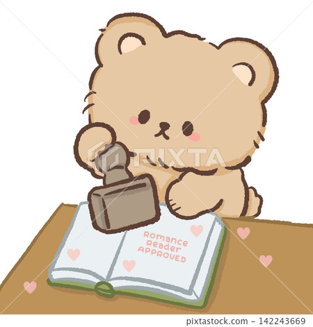 Cute bookish bear stamping an open romance book with Romance Reader Approved quote cozy reading club autumn illustration Cute bookish bear stamping an open romance book with Romance Reader Approved quote cozy reading club autumn illustration 142243669