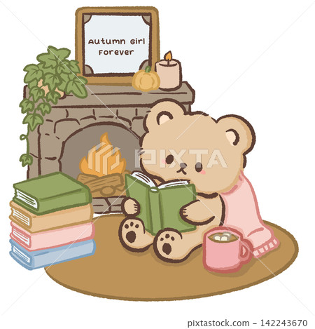 Cute cozy bear reading by a warm fireplace with stacked books hot cocoa pumpkin candle and Autumn Girl Forever sign fall illustration Cute cozy bear reading by a warm fireplace with stacked books hot cocoa pumpkin candle and Autumn Girl Forever sign fall illustration 142243670