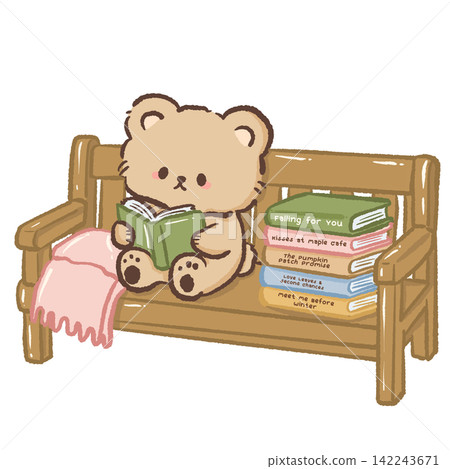 Cute book lover bear reading on a wooden park bench beside a stack of cozy autumn romance books and soft pink blanket fall illustration Cute book lover bear reading on a wooden park bench beside a stack of cozy autumn romance books and soft pink blanket fall illustration 142243671