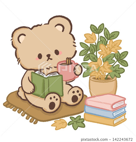 Cute cozy bear reading a green book with hot cinnamon drink autumn leaves potted plant and colorful stacked books warm fall illustration Cute cozy bear reading a green book with hot cinnamon drink autumn leaves potted plant and colorful stacked books warm fall illustration 142243672