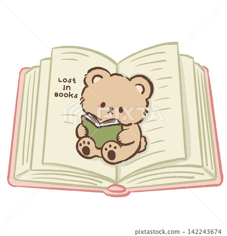 Cute bookish bear sitting inside a giant open book reading a green novel with Lost in Books quote cozy reading illustration Cute bookish bear sitting inside a giant open book reading a green novel with Lost in Books quote cozy reading illustration 142243674