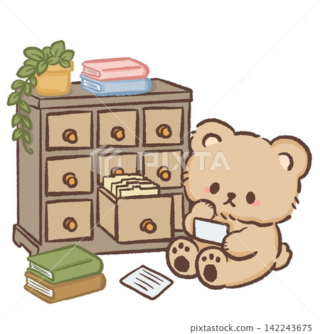 Cute librarian bear organizing library catalog cards beside a vintage card cabinet stacked books and trailing plant cozy bookish illustration Cute librarian bear organizing library catalog cards beside a vintage card cabinet stacked books and trailing plant cozy bookish illustration 142243675