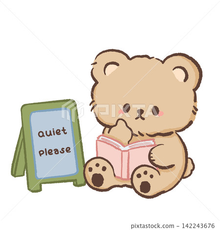 Cute book lover bear quietly reading a pink book beside a Quiet Please library sign cozy reading club illustration Cute book lover bear quietly reading a pink book beside a Quiet Please library sign cozy reading club illustration 142243676