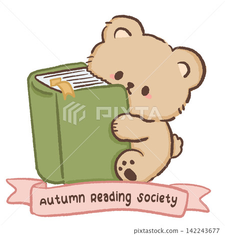 Cute bookish bear hugging a giant green book with Autumn Reading Society banner cozy fall reading club illustration Cute bookish bear hugging a giant green book with Autumn Reading Society banner cozy fall reading club illustration 142243677