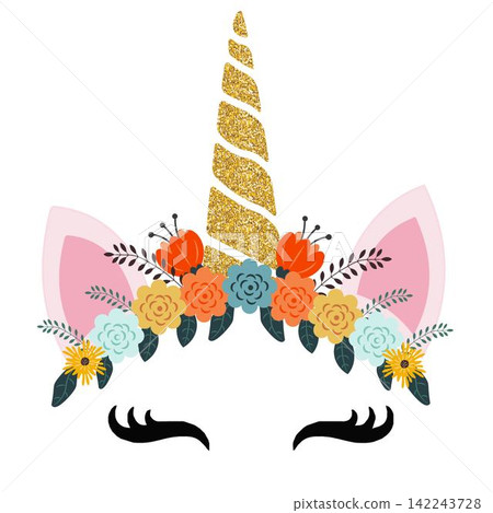 Unicorn logo with horn, ears and flowers. Unicorn logo with horn, ears and flowers. 142243728