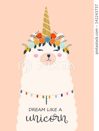 Dream like a unicorn cute card with unicorn llama 142243737