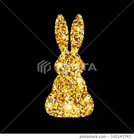 Elegant greeting card design. Happy Easter banner with gold glittering rabbit silhouette on dark background. Cute bunny for branding, label, kids invitation, poster, greeting cards Elegant greeting card design. Happy Easter banner with gold glittering rabbit silhouette on dark background. Cute bunny for branding, label, kids invitation, poster, greeting cards 142243743