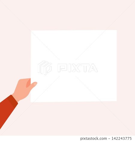 Hand in red shirt holds a rectangular blank sheet of paper Hand in red shirt holds a rectangular blank sheet of paper 142243775