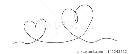 One Continuous line drawing of two hearts. Romantic symbols in simple linear style. Minimalist Doodle.isolated on white background. Vector illustration One Continuous line drawing of two hearts. Romantic symbols in simple linear style. Minimalist Doodle.isolated on white background. Vector illustration 142243812
