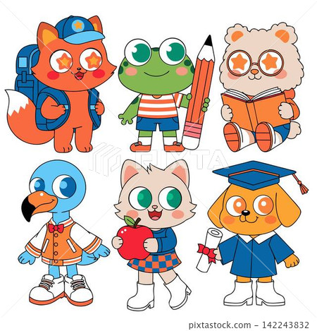 This set includes six cartoon animals dressed in school uniforms of various styles and outfits This set includes six cartoon animals dressed in school uniforms of various styles and outfits 142243832