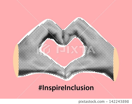 Collage banner with halftone effect woman hands in heart shape.Inspire inclusion.International Women's Day 2024 concept. Feelings and emotions 142243898