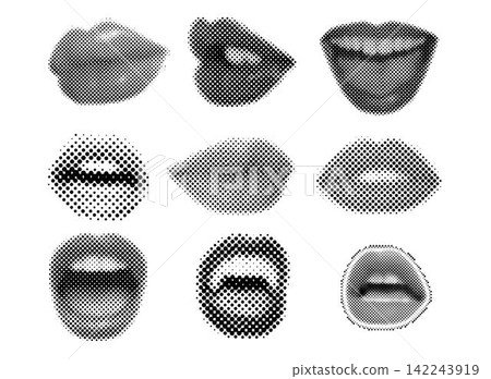 Set of Halftone Female mouths in different poses. Dots texture. Contemporary style 142243919