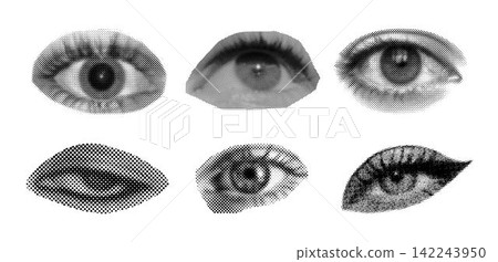 Set of halftone diferent female eyes. Dots texture. Contemporary style Set of halftone diferent female eyes. Dots texture. Contemporary style 142243950
