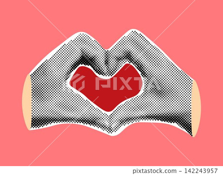 Collage banner with halftone effect hands showing heart gesture. Feelings and emotions.Modern design in magazine style 142243957