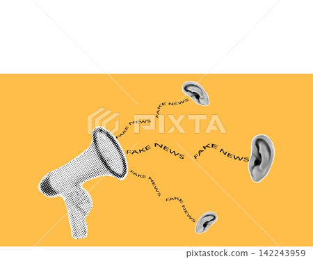 Collage black white halftone style hand hold loudspeaker, ears. Scream, hate, fake news concept Collage black white halftone style hand hold loudspeaker, ears. Scream, hate, fake news concept 142243959