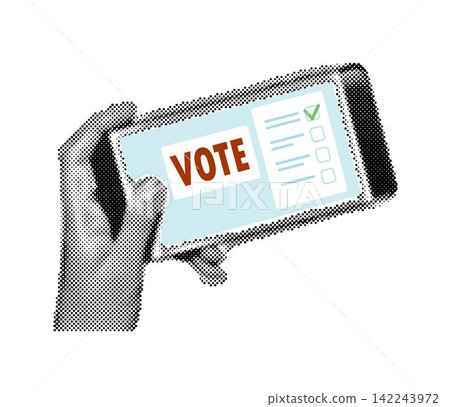 Halftone collage hand holding smartphone with vote button on display. Online voting and election concept Halftone collage hand holding smartphone with vote button on display. Online voting and election concept 142243972