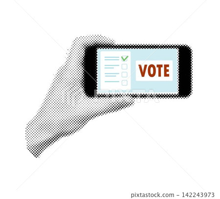 Halftone collage hand holding smartphone  with vote button on display. Online voting and election concept 142243973