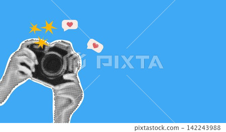 Hands holding vintage photo camera on blue background. Social Media. Trendy halftone style. Collage design in trendy retro 90s magazine style 142243988