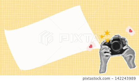 Hands holding vintage photo camera on yellow background. Social Media. Trendy halftone style. Collage design in trendy retro 90s magazine style Hands holding vintage photo camera on yellow background. Social Media. Trendy halftone style. Collage design in trendy retro 90s magazine style 142243989
