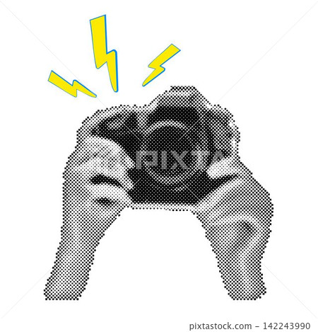 Hands holding vintage photo camera. Trendy halftone style. Collage design in trendy retro 90s magazine style Hands holding vintage photo camera. Trendy halftone style. Collage design in trendy retro 90s magazine style 142243990