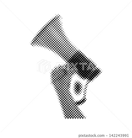 Loudspeaker hand is holding. Trendy halftone style. Collage design in trendy retro 90s magazine style Loudspeaker hand is holding. Trendy halftone style. Collage design in trendy retro 90s magazine style 142243991