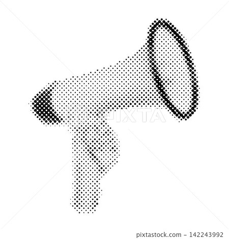 Loudspeaker hand is holding. Trendy halftone style. Collage design in trendy retro 90s magazine style 142243992