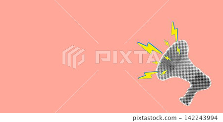 Loudspeaker torn sticker for collage. Retro megaphone for mixed media collage.Grunge punk element 142243994