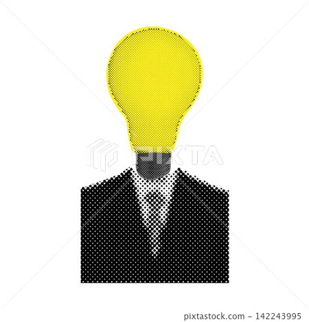Modern collage with halftone style creative businessman with idea. Creative mind, brainstorm. Smart thinking Modern collage with halftone style creative businessman with idea. Creative mind, brainstorm. Smart thinking 142243995