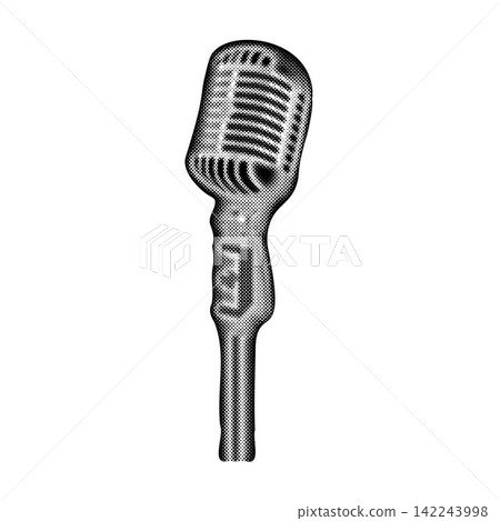 Retro style microphone. Trendy halftone style. Collage design in trendy retro 90s magazine style Retro style microphone. Trendy halftone style. Collage design in trendy retro 90s magazine style 142243998