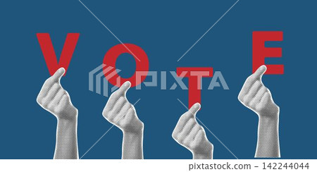 Vote and opinion poll concept of people voting. Halftone sticker of human hands holding vote letters on blue background Vote and opinion poll concept of people voting. Halftone sticker of human hands holding vote letters on blue background 142244044