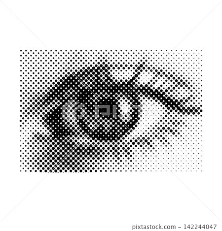 Woman's eye 90s style halftone shape for trendy collage. Dots texture. Contemporary style Woman's eye 90s style halftone shape for trendy collage. Dots texture. Contemporary style 142244047