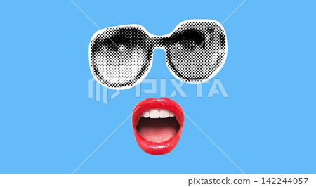 Trendy halftone collage banner with a woman's face in glasses. Elements cut out from a magazine. Retro modern design Trendy halftone collage banner with a woman's face in glasses. Elements cut out from a magazine. Retro modern design 142244057
