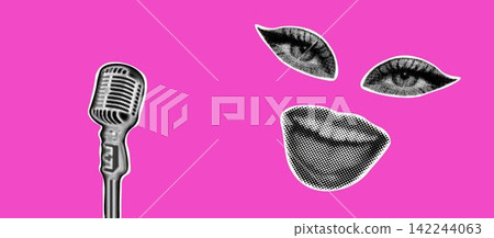 Trendy halftone collage banner. Elements cut out from a magazine, mouth, eyes, microphone. Retro modern design Trendy halftone collage banner. Elements cut out from a magazine, mouth, eyes, microphone. Retro modern design 142244063