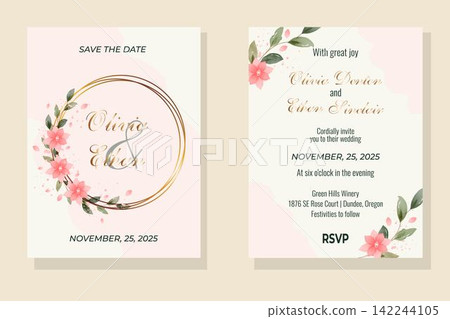 Beautiful floral wreath wedding invitation card template. Wedding ornament concept. Floral poster, invite. Vector decorative greeting card or invitation design background Beautiful floral wreath wedding invitation card template. Wedding ornament concept. Floral poster, invite. Vector decorative greeting card or invitation design background 142244105