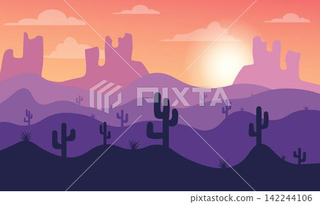 Beautiful landscape of desert with mountains, sand dune, sun. Trendy illustration for postcards, wallpaper, banners. Panorama view of wild nature Beautiful landscape of desert with mountains, sand dune, sun. Trendy illustration for postcards, wallpaper, banners. Panorama view of wild nature 142244106