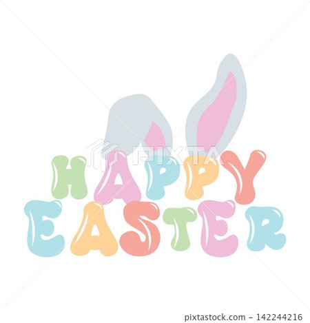 Happy Easter groovy lettering with bunny ears.Positive quote in handwritten retro style Happy Easter groovy lettering with bunny ears.Positive quote in handwritten retro style 142244216