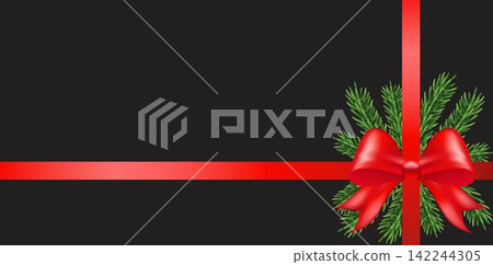 Shiny red satin ribbon with pine on black background Shiny red satin ribbon with pine on black background 142244305