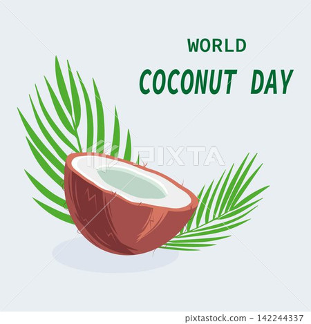 World Coconut Day coconut halves and palm leaves World Coconut Day coconut halves and palm leaves 142244337
