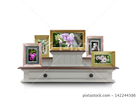 front view five picture frames featuring orchid images are arranged on a brown wooden platform set upon a white-painted wooden base, on white background, object, copy space 142244386