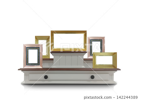 front view white wooden altar table (monk's altar set or Bucha set) with dark brown wooden tops, pull-out drawer with two black ornate knobs, two pink gold and three gold metallic photo/picture 142244389
